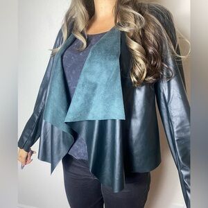 NEW BlankNYC L Black/ Green Faux Vegan Leather Open Front Jacket Shawl